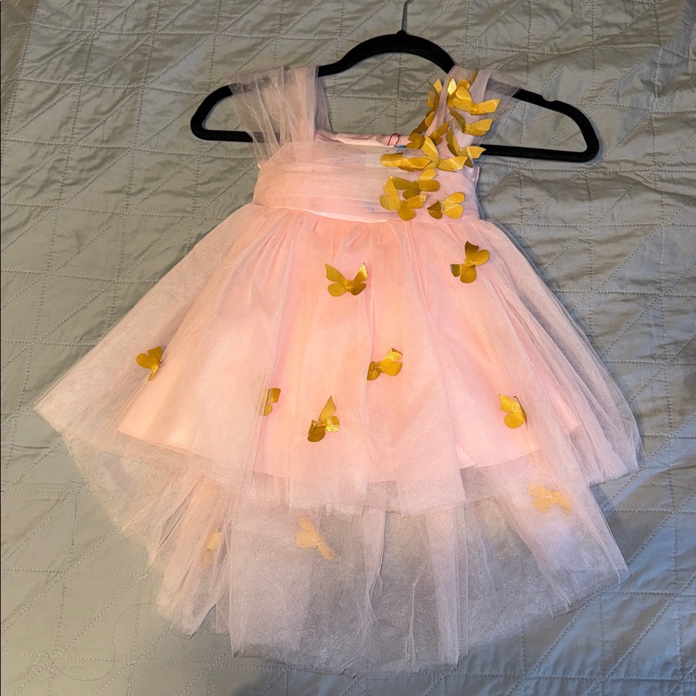 Ibtom Castle Baby Toddler Girl Pink Tulle Tutu Dress with Gold Butterfly Accents
